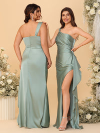 One Shoulder Satin Pleated Bridesmaid Dresses with Slit