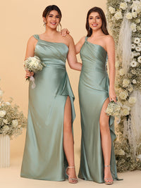 One Shoulder Satin Pleated Bridesmaid Dresses with Slit