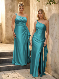 One Shoulder Satin Pleated Bridesmaid Dresses with Slit