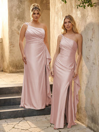 One Shoulder Satin Pleated Bridesmaid Dresses with Slit