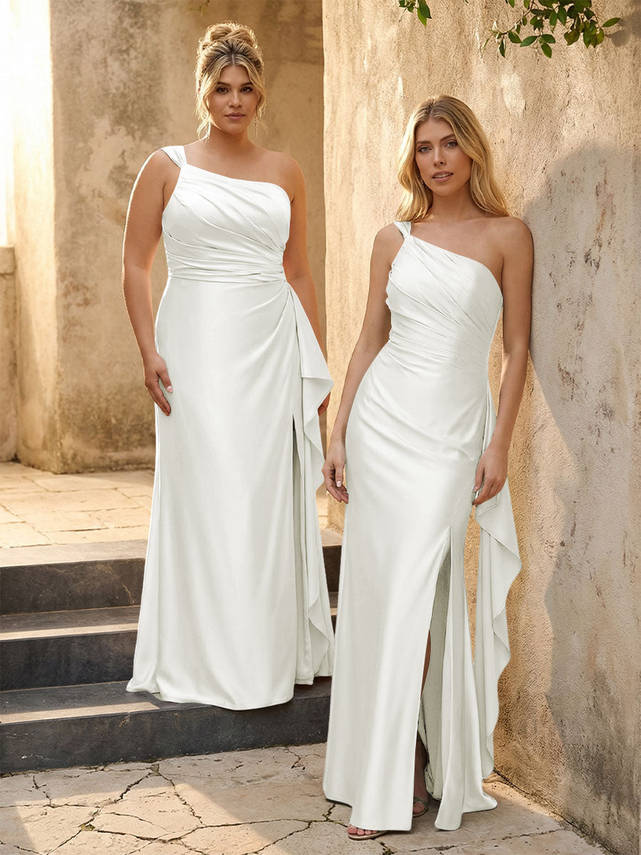 One Shoulder Satin Pleated Bridesmaid Dresses with Slit