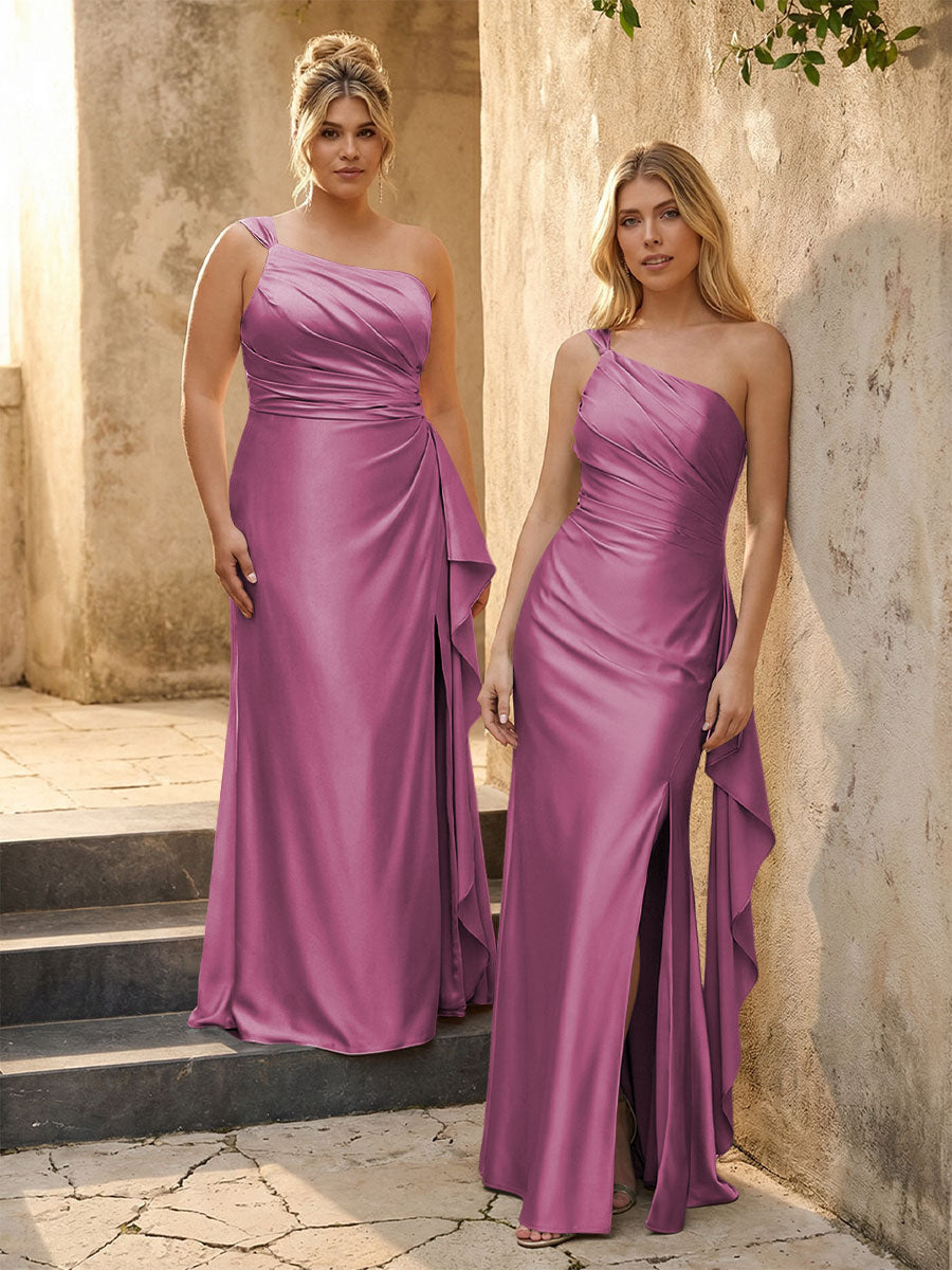 One Shoulder Satin Pleated Bridesmaid Dresses with Slit