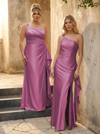One Shoulder Satin Pleated Bridesmaid Dresses with Slit