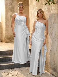 One Shoulder Satin Pleated Bridesmaid Dresses with Slit