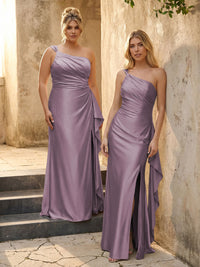 One Shoulder Satin Pleated Bridesmaid Dresses with Slit