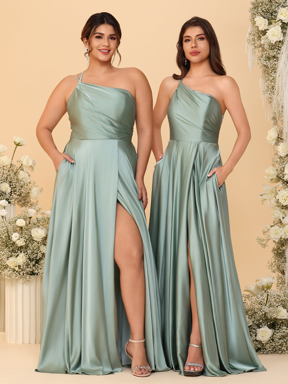 One Shoulder Satin Pleated Bridesmaid Dresses with Slit