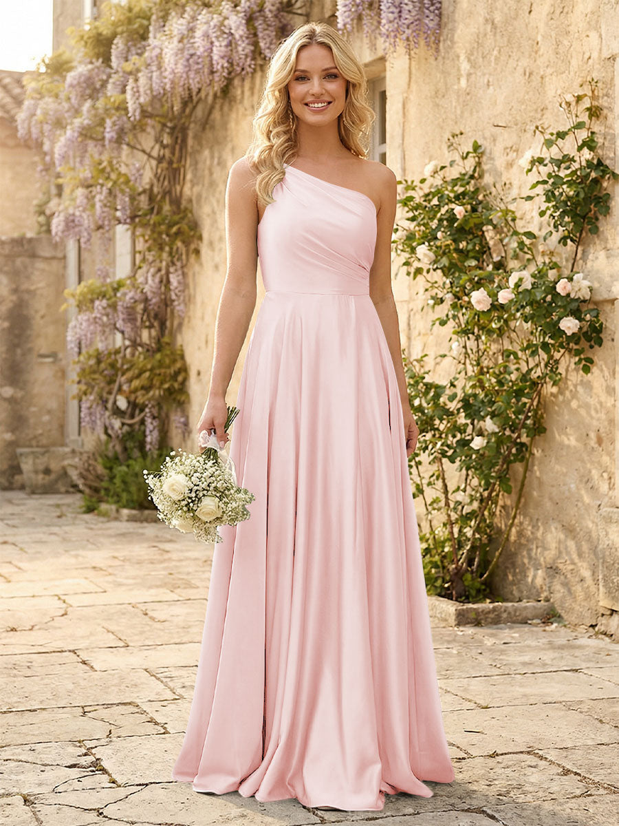 One Shoulder Satin Pleated Bridesmaid Dresses with Slit