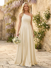 One Shoulder Satin Pleated Bridesmaid Dresses with Slit