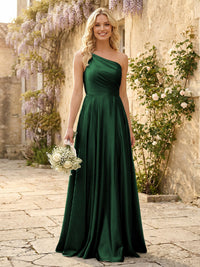One Shoulder Satin Pleated Bridesmaid Dresses with Slit