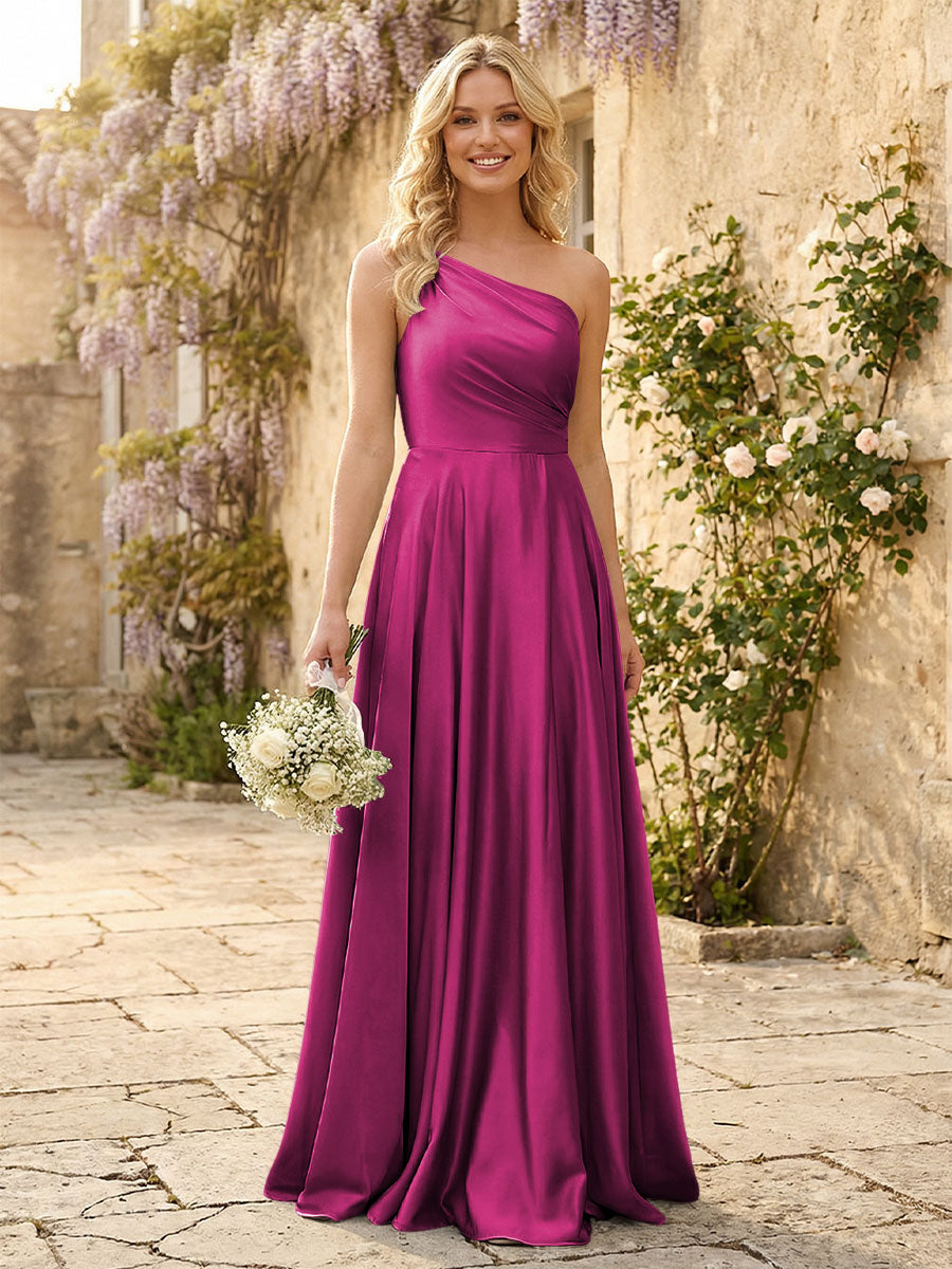 One Shoulder Satin Pleated Bridesmaid Dresses with Slit