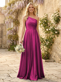 One Shoulder Satin Pleated Bridesmaid Dresses with Slit