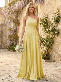 One Shoulder Satin Pleated Bridesmaid Dresses with Slit