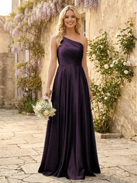 One Shoulder Satin Pleated Bridesmaid Dresses with Slit