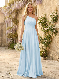 One Shoulder Satin Pleated Bridesmaid Dresses with Slit