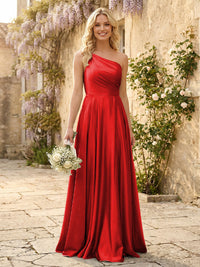One Shoulder Satin Pleated Bridesmaid Dresses with Slit