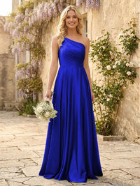 One Shoulder Satin Pleated Bridesmaid Dresses with Slit