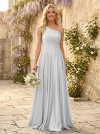 One Shoulder Satin Pleated Bridesmaid Dresses with Slit