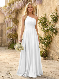 One Shoulder Satin Pleated Bridesmaid Dresses with Slit