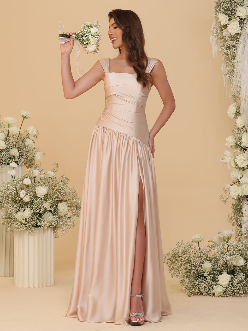 Spaghetti Straps Satin Pleated Bridesmaid Dresses