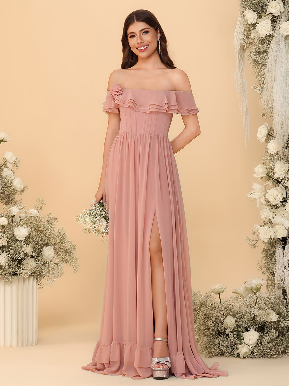 Off Shoulder Chiffon Bridesmaid Dresses Ruffles