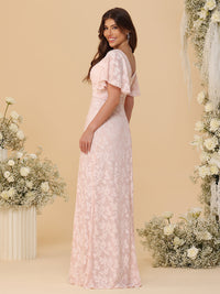 Short Sleeves Chiffon Floral Pleated Bridesmaid Dresses