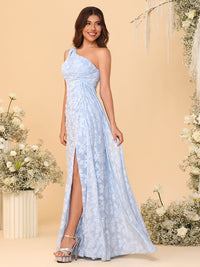 One Shoulder Chiffon Floral Bridesmaid Dresses with Slit