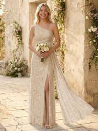 One Shoulder Chiffon Floral Bridesmaid Dresses with Slit