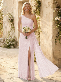 One Shoulder Chiffon Floral Bridesmaid Dresses with Slit