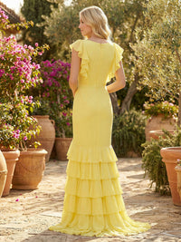 Ruffled Tiered Mermaid Bridesmaid Dresses V-Neck Evening Gowns with Slit