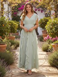 Flutter Sleeves Chiffon Ruffle Maxi Bridesmaid Dresses with V-Neck