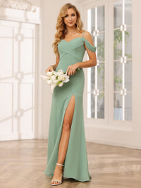 Chiffon Spaghetti Straps V Neck Off the Shoulder Pleated Bridesmaid Dresses with Slit