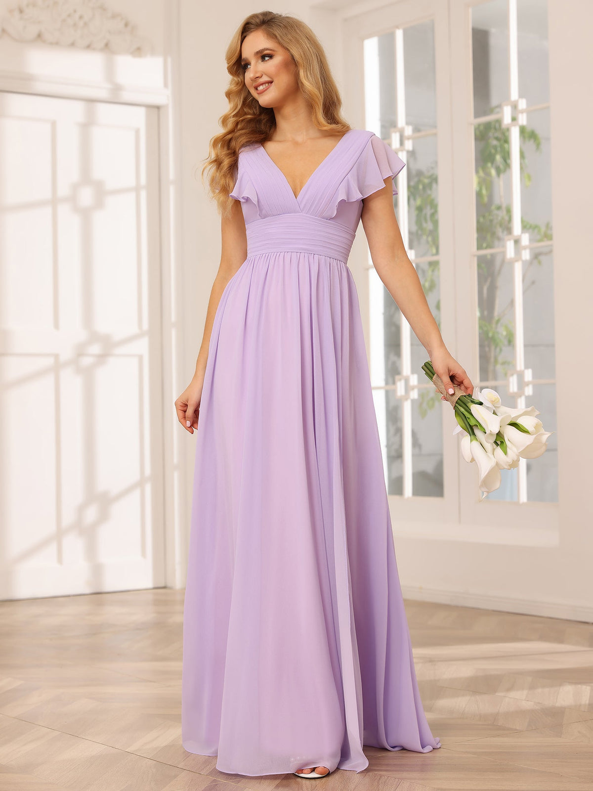 Chiffon V Neck Ruffles Pleated Bridesmaid Dresses with Slit