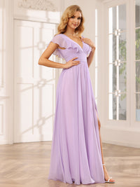 Chiffon V Neck Ruffles Pleated Bridesmaid Dresses with Slit