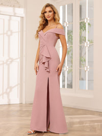 Chiffon Spaghetti Straps Ruffles Off the Shoulder Pleated Bridesmaid Dresses with Slit