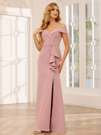Chiffon Spaghetti Straps Ruffles Off the Shoulder Pleated Bridesmaid Dresses with Slit
