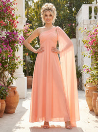 Chiffon One Shoulder Corset Pleated High Slit Bridesmaid Dresses with Cap