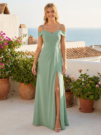 Chiffon Spaghetti Straps Off the Shoulder Pleated Bridesmaid Dresses with Slit