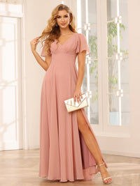 Chiffon Short Sleeves A Line V Neck Pleated Bridesmaid Dresses