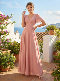 Chiffon Short Sleeves A Line V Neck Pleated Bridesmaid Dresses