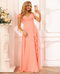 Chiffon Ruffles Short Sleeves A Line V Neck Pleated Bridesmaid Dresses