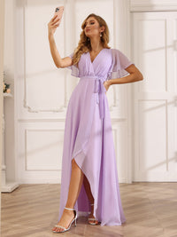 Chiffon Bow Short Sleeves A Line V Neck Pleated Bridesmaid Dresses