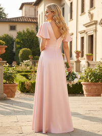 Satin Short Sleeves A Line V Neck Pleated Bridesmaid Dresses with Slit