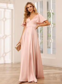 Satin Short Sleeves A Line V Neck Pleated Bridesmaid Dresses with Slit