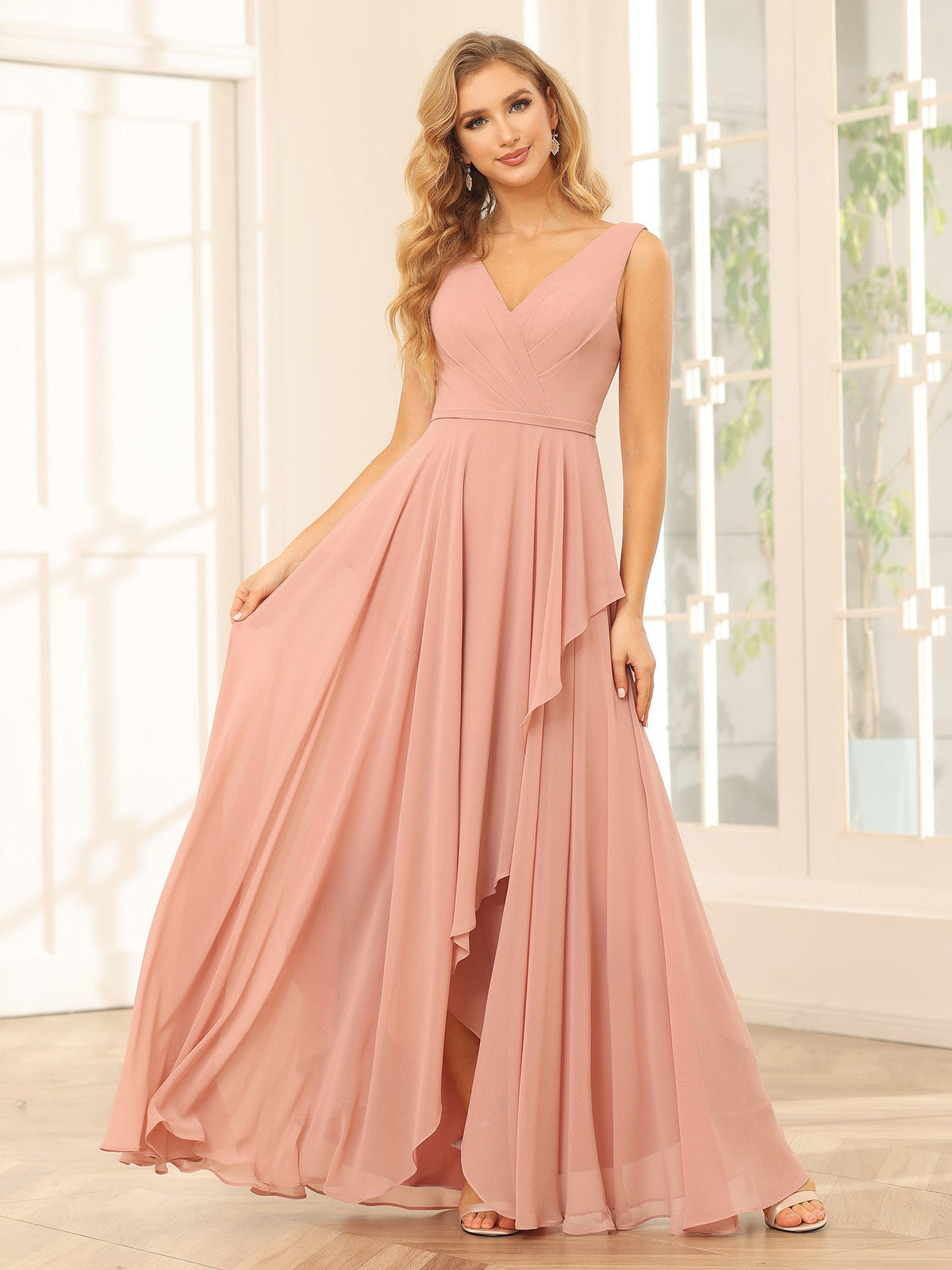 Chiffon V Neck High Low Ruffles Pleated Bridesmaid Dresses