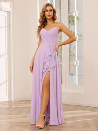 Chiffon Spaghetti Straps Ruffles V Neck Pleated Bridesmaid Dresses with Slit