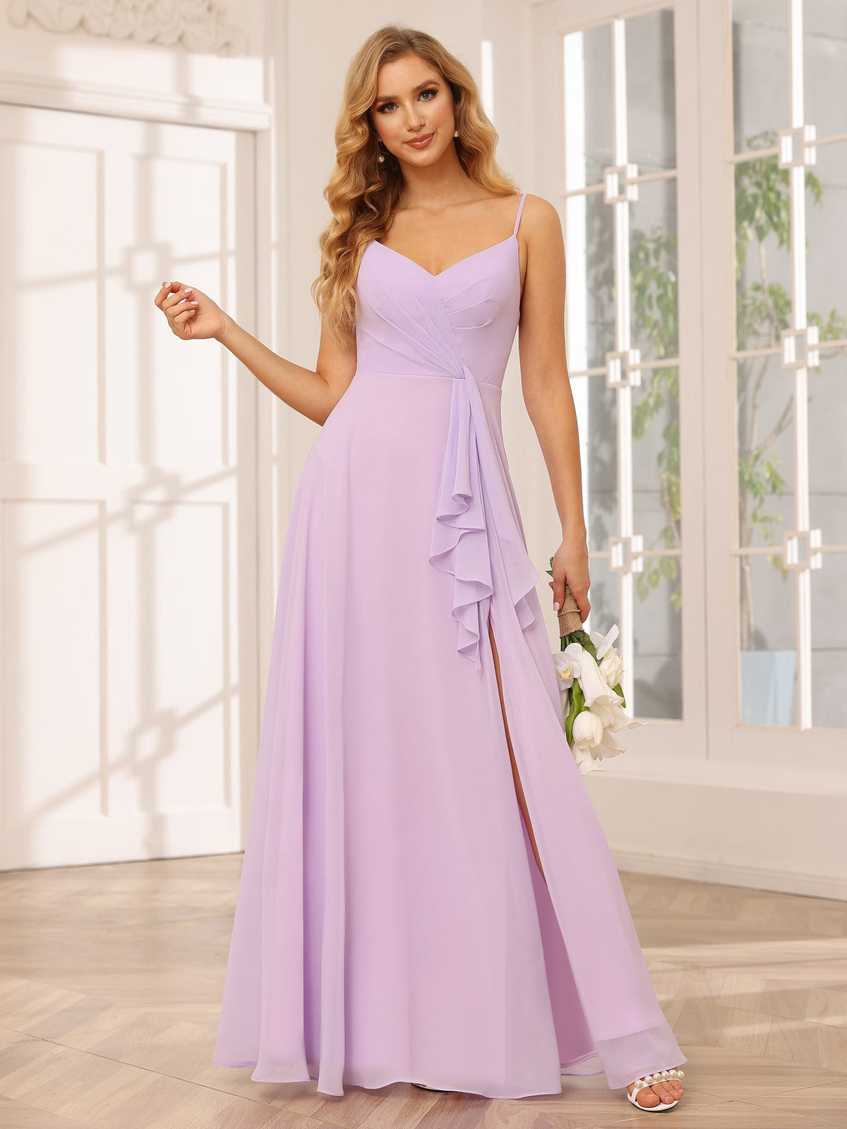 Chiffon Spaghetti Straps Ruffles V Neck Pleated Bridesmaid Dresses with Slit