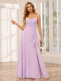 Chiffon Spaghetti Straps Ruffles V Neck Pleated Bridesmaid Dresses with Slit