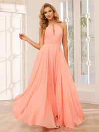 Chiffon Halter Cut Out Corset Pleated Bridesmaid Dresses with Slit