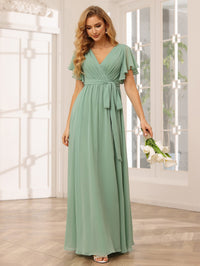 Chiffon Bow Short Sleeves A Line V Neck Pleated Bridesmaid Dresses