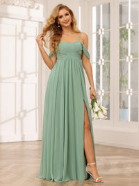 Chiffon Spaghetti Straps Off the Shoulder Pleated Bridesmaid Dresses with Slit